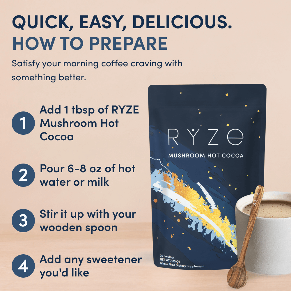 RYZE Mushroom Hot Cocoa — Organic Instant Cocoa with L-Theanine & Melatonin, 20 Servings N9