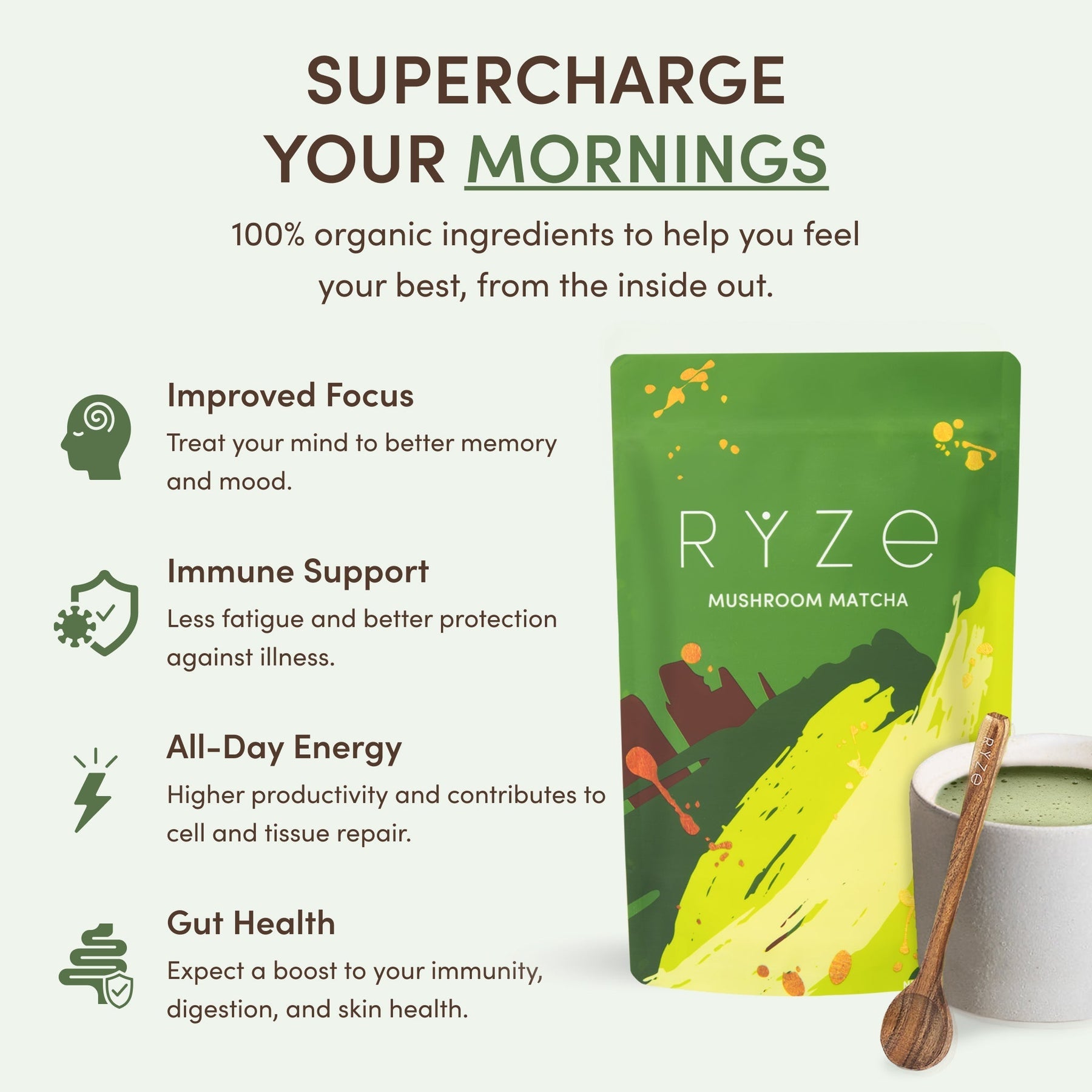 RYZE Mushroom Matcha — Organic Instant Matcha Latte with Lion's Mane & King Trumpet, 30 Servings Q4