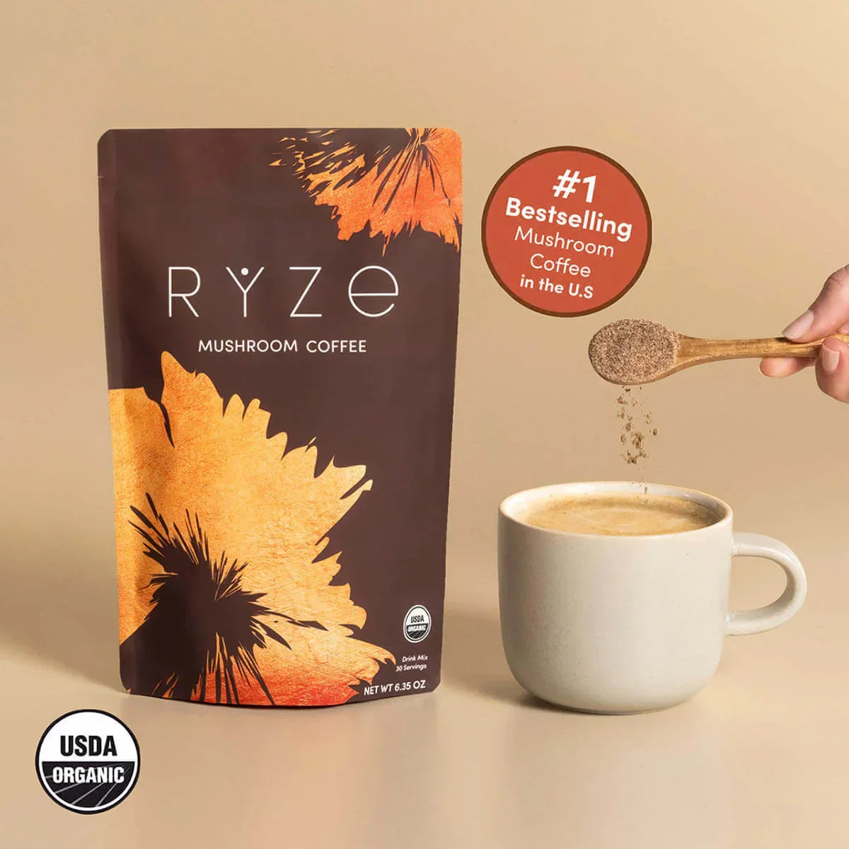 RYZE Mushroom Coffee — Organic Instant Coffee with Cordyceps & Reishi, 30 Servings Z9