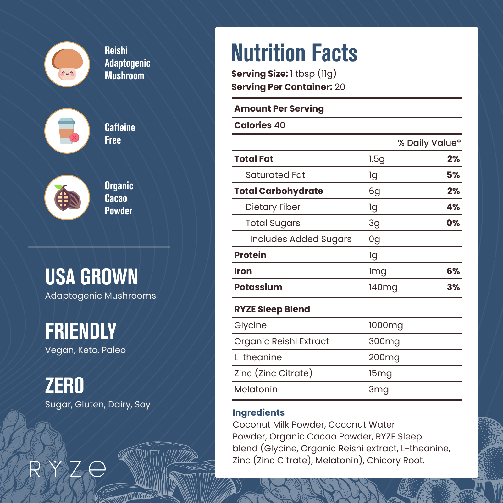 RYZE Hot Cocoa - with 6 Sleep Superfoods to Help Fall Asleep and Stay Asleep N6