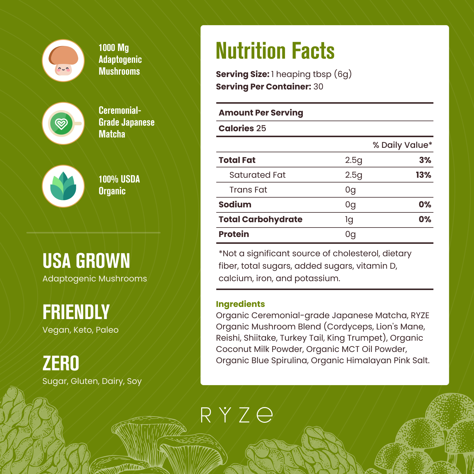 RYZE Mushroom Matcha - with 6 Organic Adaptogenic Mushrooms Grown In USA and Ceremonial-Grade Japanese Matcha H0