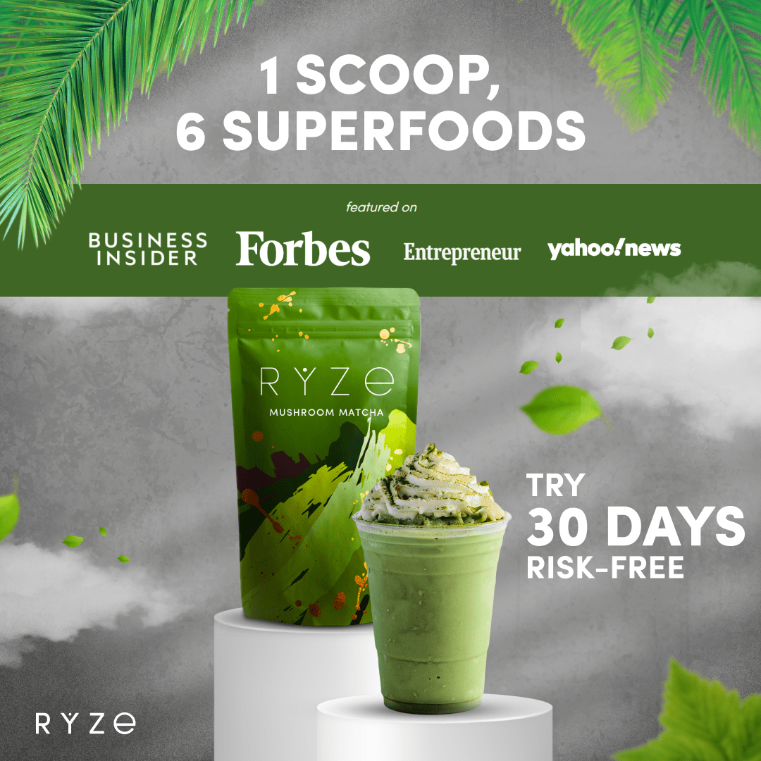 RYZE Mushroom Matcha - with 6 Organic Adaptogenic Mushrooms Grown In USA and Ceremonial-Grade Japanese Matcha H0